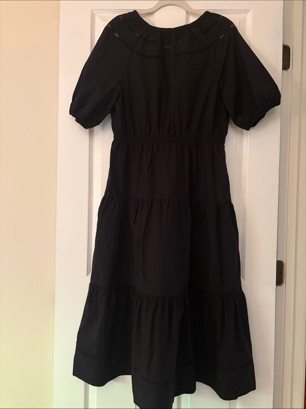 Ann Taylor Black Tiered Midi Dress with Puff Sleeves and Eyelet Detail - Picture 4 of 9